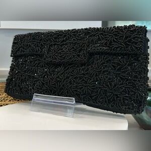 Vintage Bon Soir Black on Black Beaded & Sequined Evening Bag Clutch EUC
